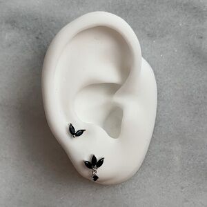 Silver Black Crystal Leaf Stud Huggie Earrings